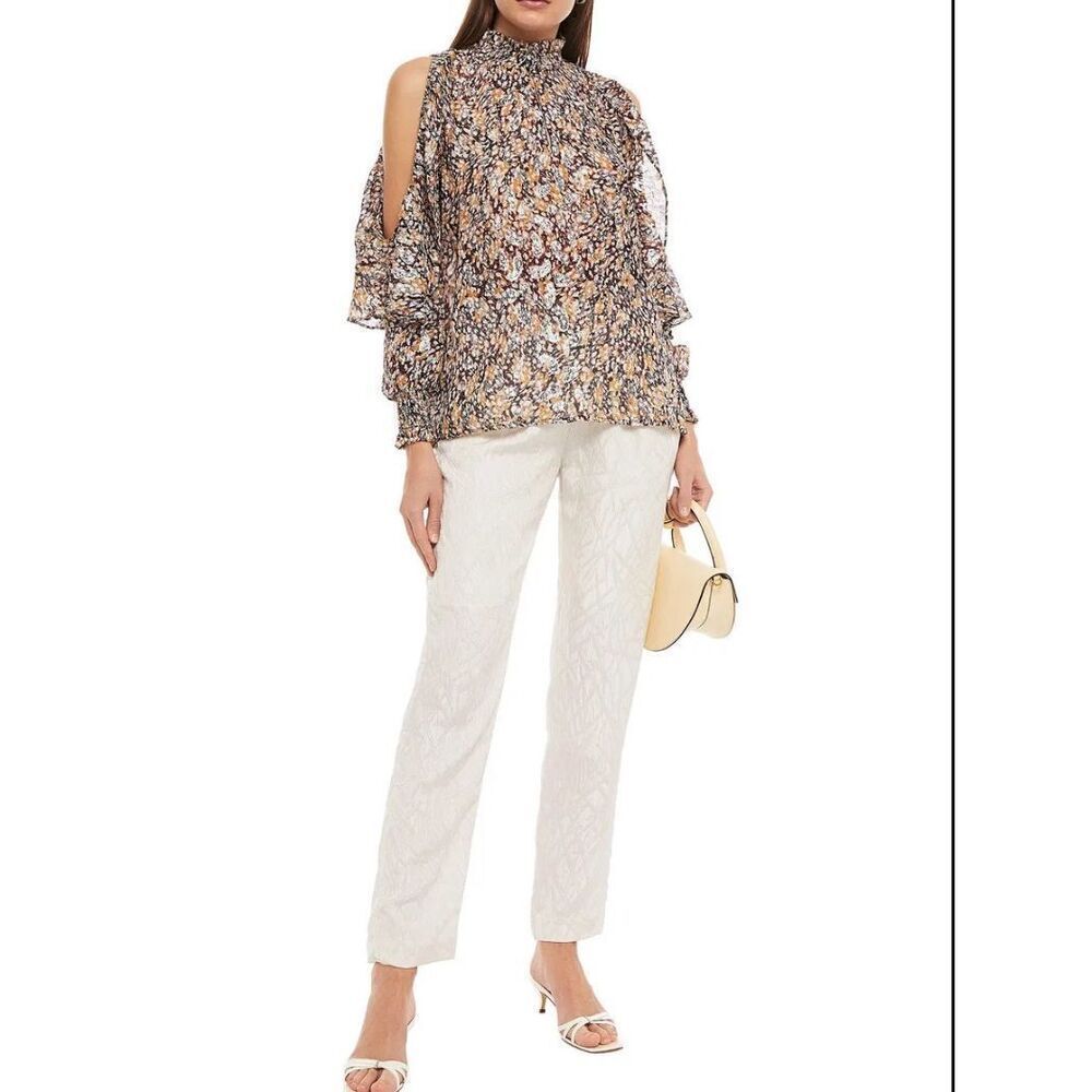 MAJE Cold-Shoulder Printed Metallic Fil Coupé Top Long Sleeve Ruffle Blouse Sz 3